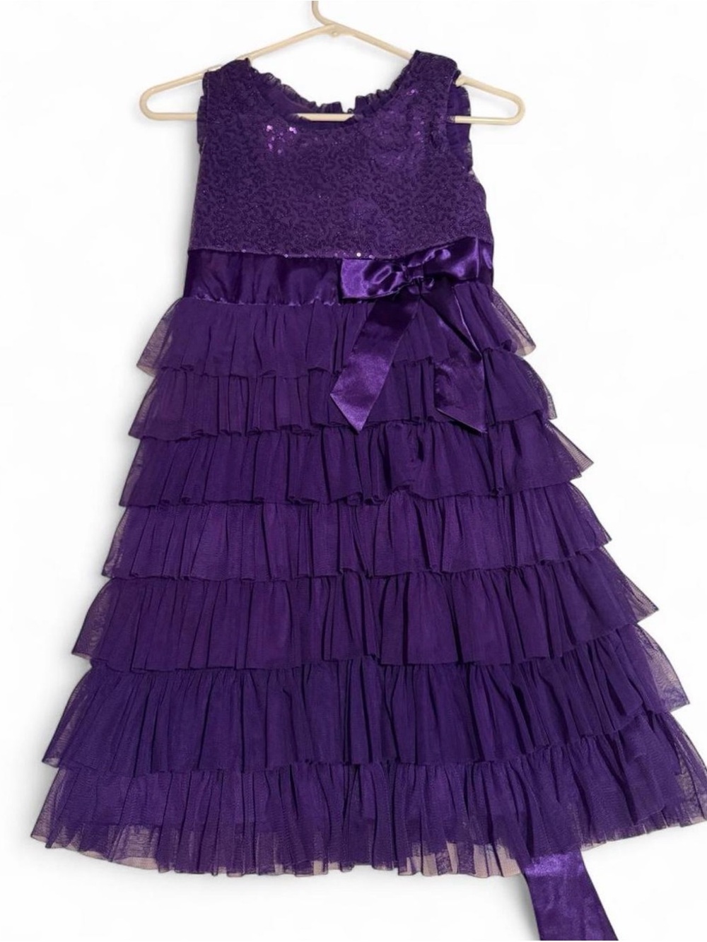 Girls Purple Ruffled Party Dress with Satin Bow